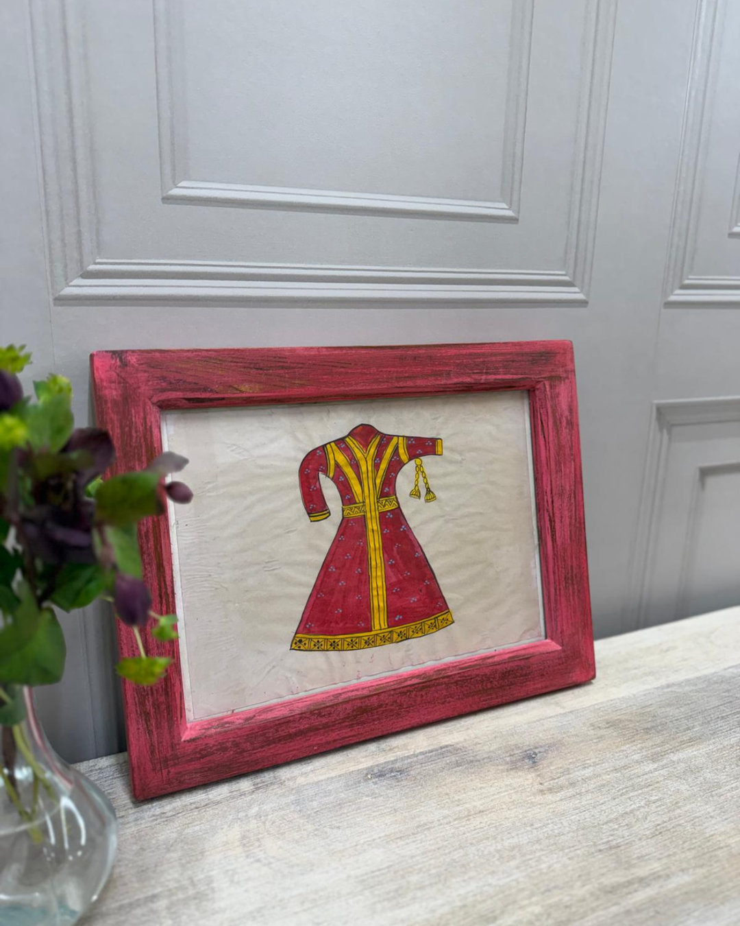 Vintage Mango Wood Framed Artwork – Hand-Painted Red Traditional Dress