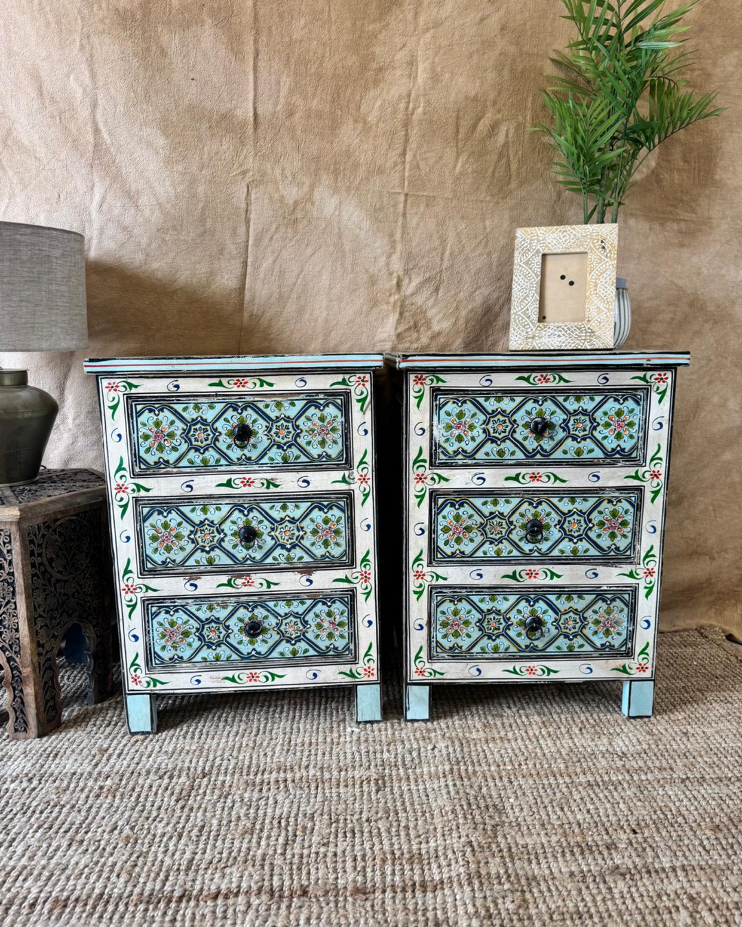 Pair of Hand-Painted Mango Wood Bedside Tables – Vintage Floral Motif in Blue & Ivory