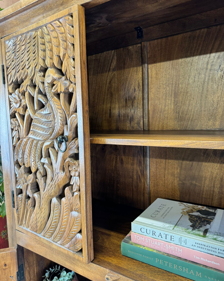 Hand-Carved Mango Wood 4-Door Cabinet with Peacock and Floral Designs