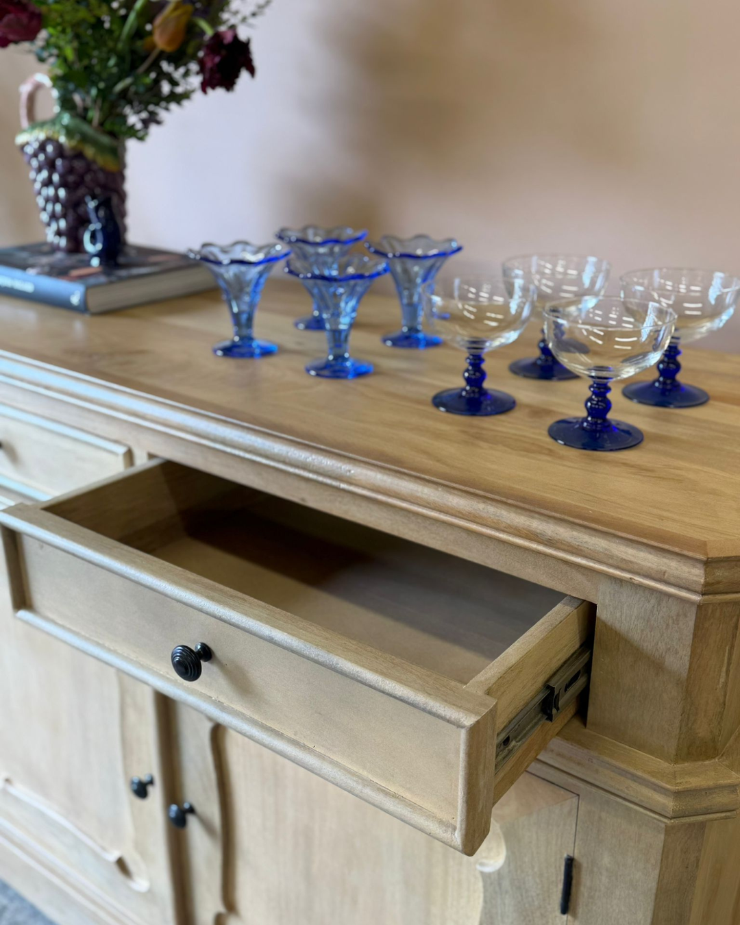 Large Natural Mango Wood Sideboard with Two Doors, Two Drawers and Internal Shelf
