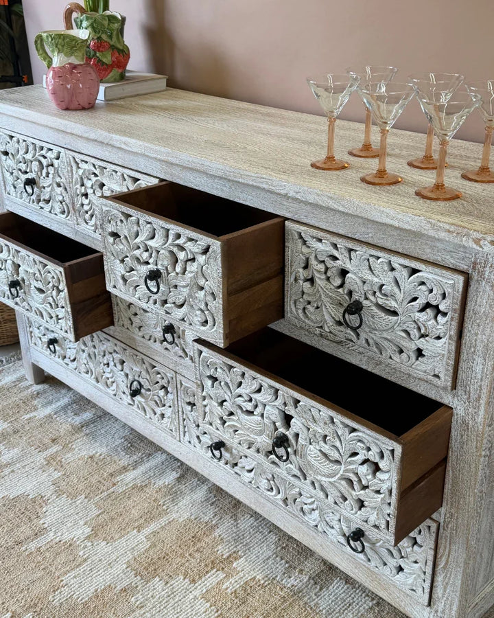 Hand-Carved Mango Wood 9 Drawer Chest – Whitewashed Peacock Design