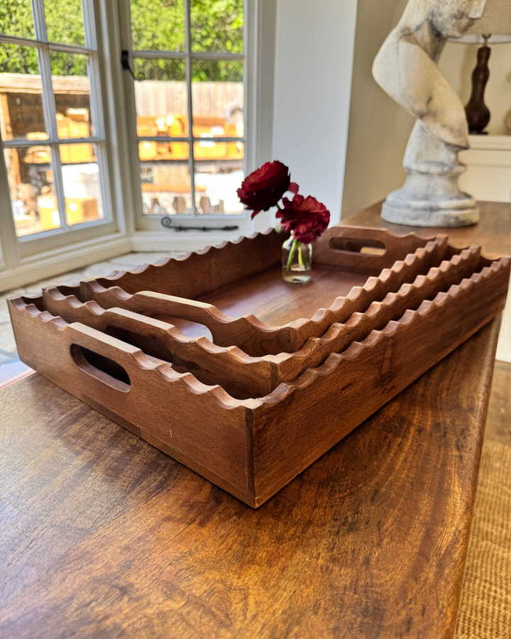 Set of 3 Hand-Carved Mango Wood Trays – Scalloped Edge Design