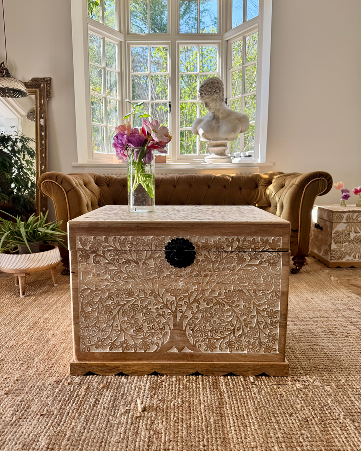 Hand-Carved Mango Wood Trunk – Tree of Life Design with Whitewashed Finish
