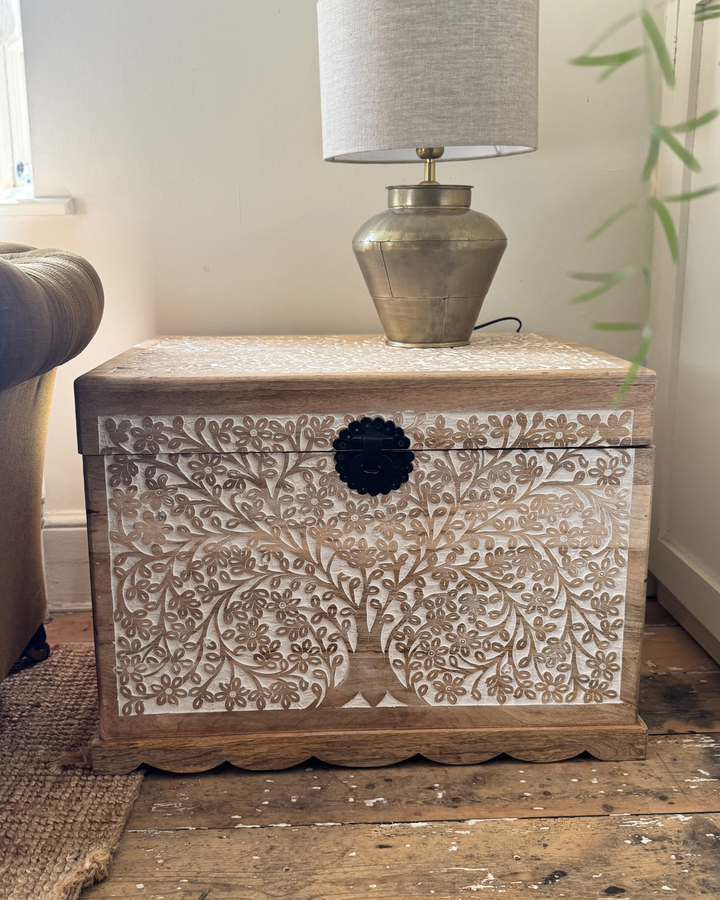Hand-Carved Mango Wood Trunk – Tree of Life Design with Whitewashed Finish