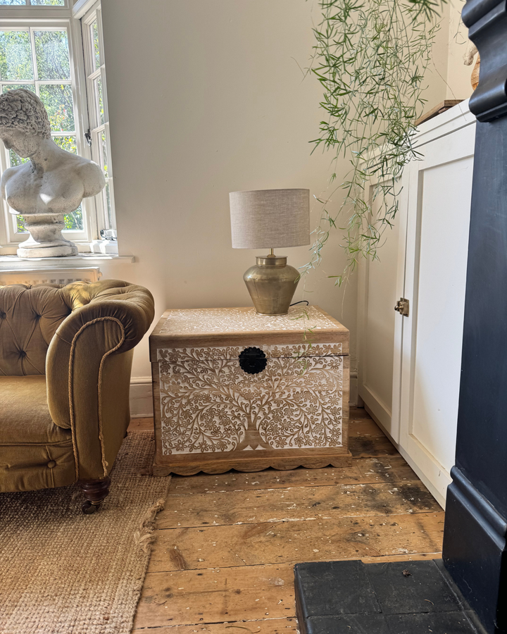 Hand-Carved Mango Wood Trunk – Tree of Life Design with Whitewashed Finish