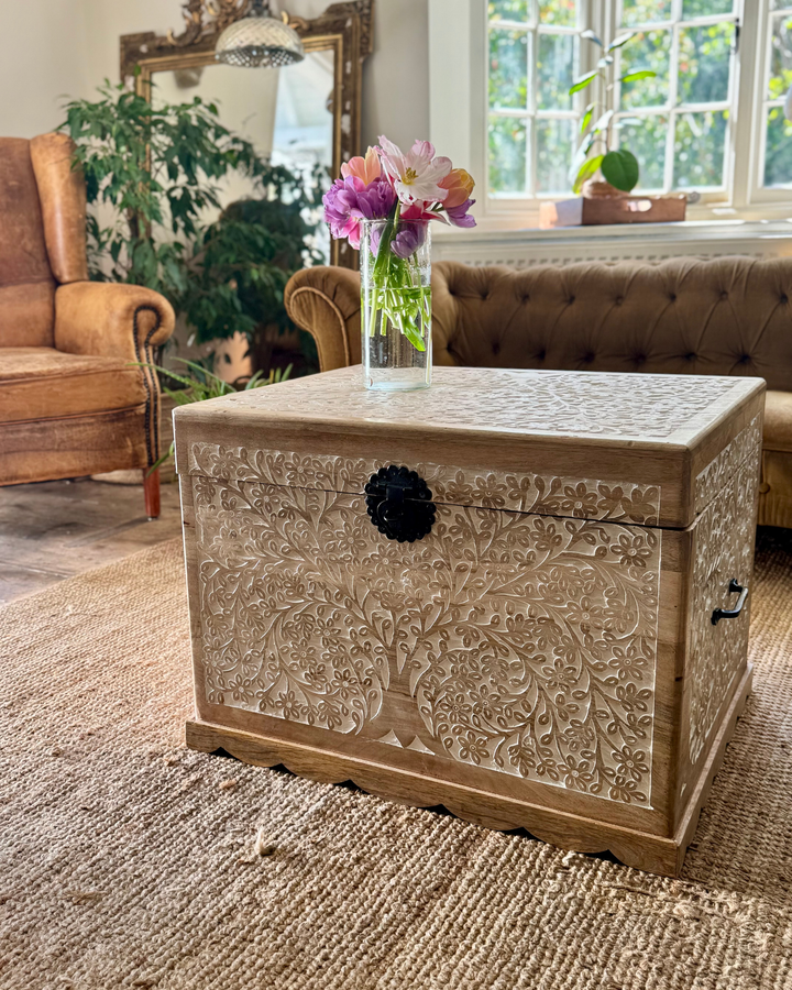 Hand-Carved Mango Wood Trunk – Tree of Life Design with Whitewashed Finish