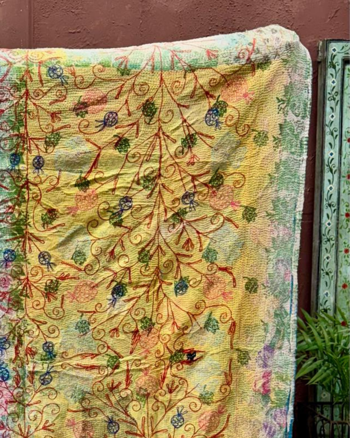 Vintage Hand-Embroidered Kantha Throw – Midnight Blue Sari with Red & Aqua Florals