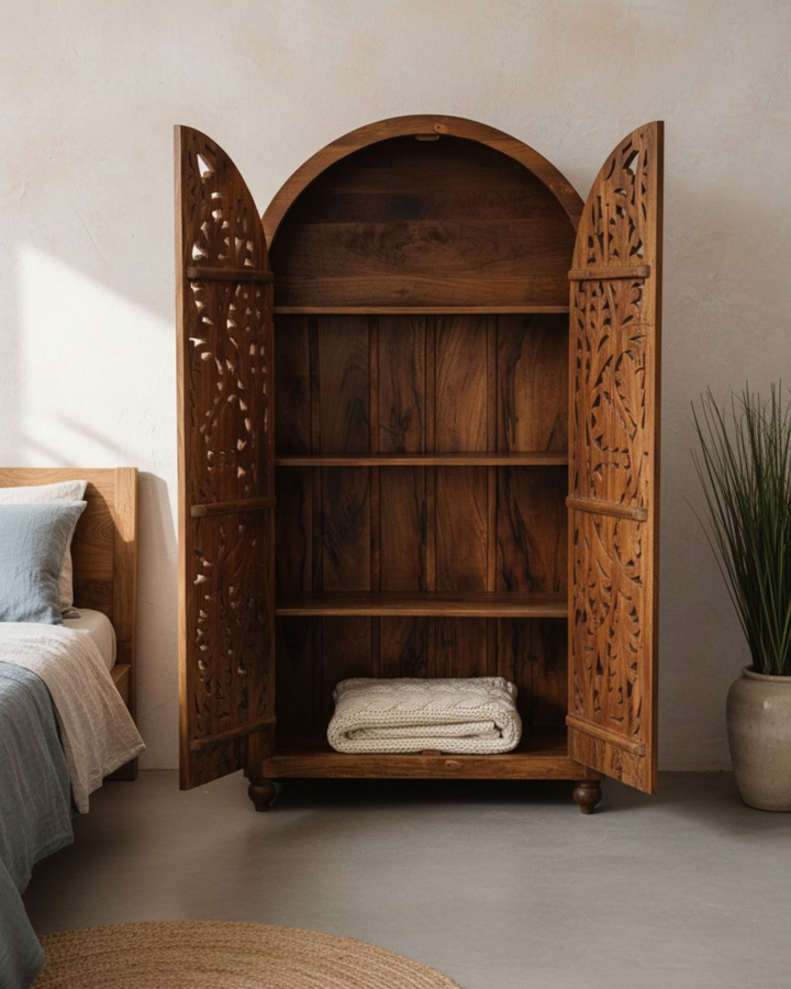 Arched Hand-Carved Mango Wood Armoire – Floral Openwork Design in Natural Finish