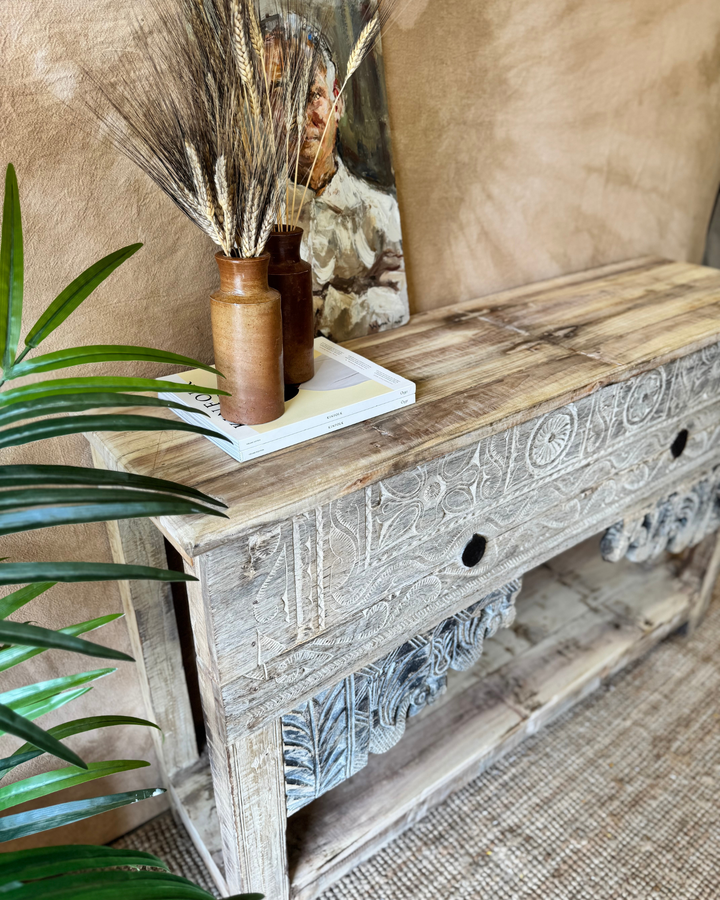 Vintage Hand-Carved Teak Console Table – Sunbleached Finish
