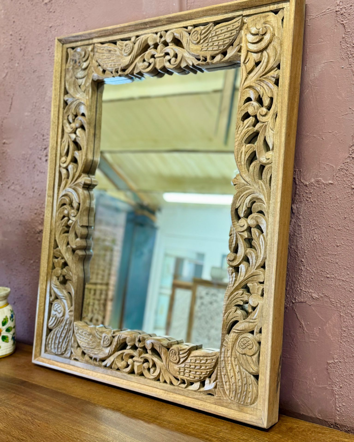 Hand-Carved Mango Wood Mirror with Peacock and Floral Motifs