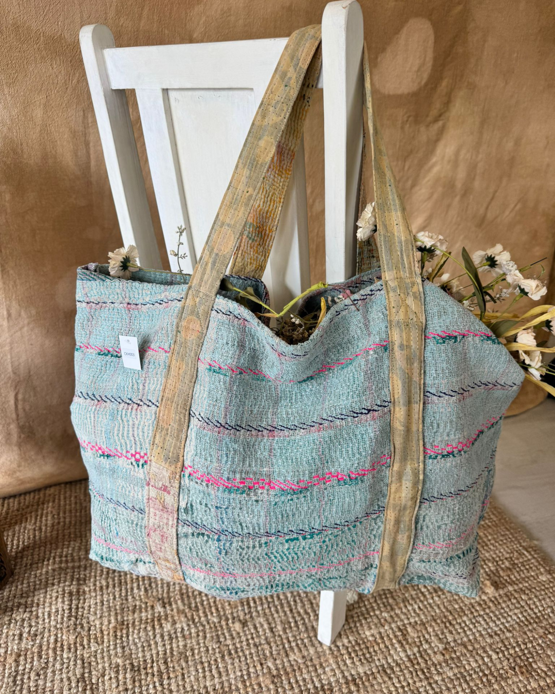Handmade Upcycled Sari Tote Bag – Aqua with Pink Accents | Multi-Purpose Everyday & Beach Bag