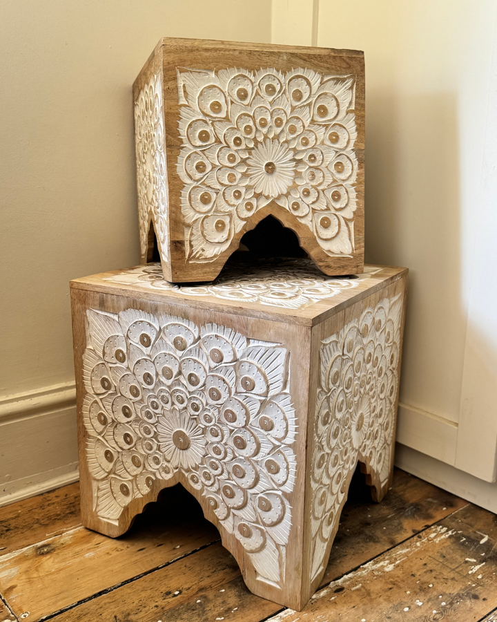Set of 2 Hand-Carved Mango Wood Stools – Mandala Floral Design, Whitewashed Finish