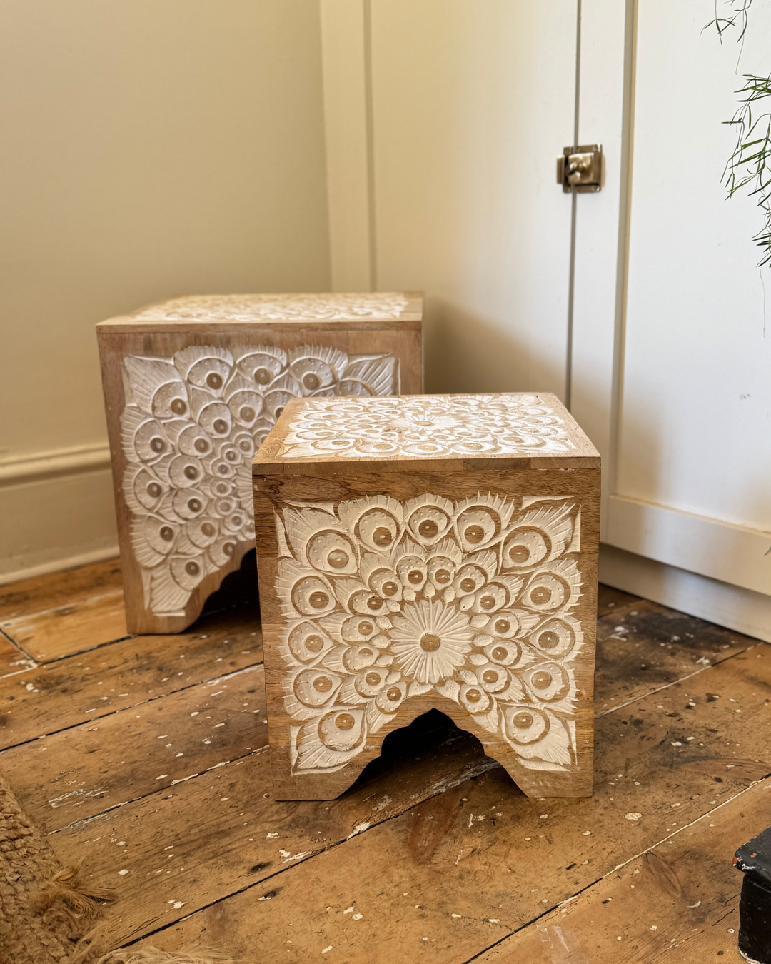 Set of 2 Hand-Carved Mango Wood Stools – Mandala Floral Design, Whitewashed Finish