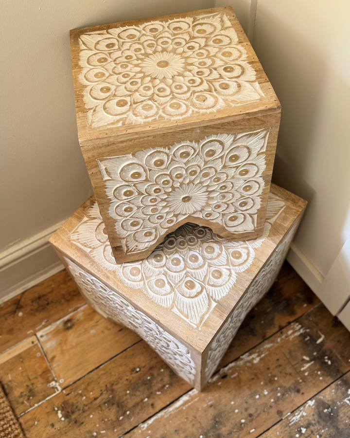 Set of 2 Hand-Carved Mango Wood Stools – Mandala Floral Design, Whitewashed Finish