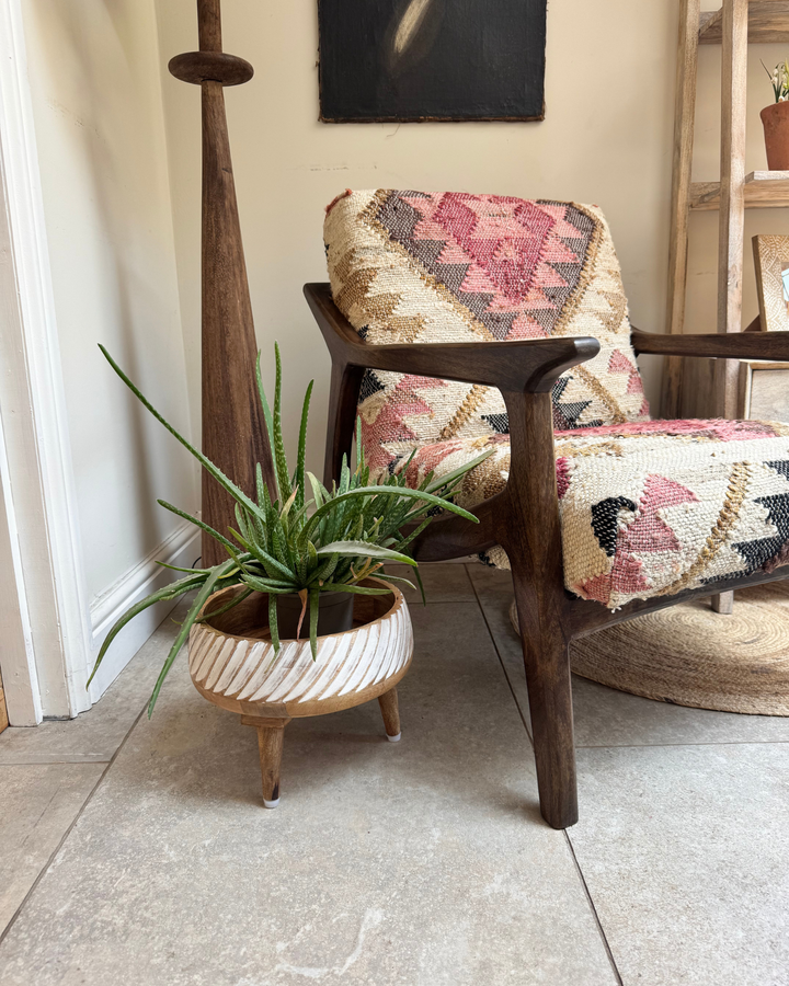 Hand-Carved Mango Wood Chakki Bowl Planter – Whitewashed Finish