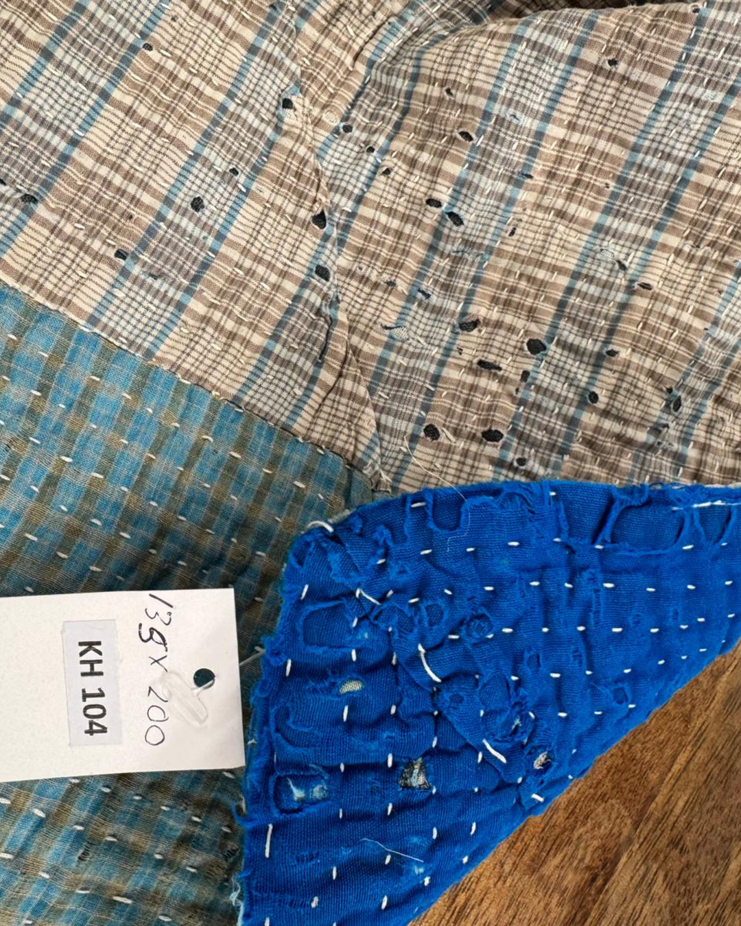 Vintage Hand-Embroidered Kantha Throw – Blue & Teal Patchwork with Striped Sari Panels