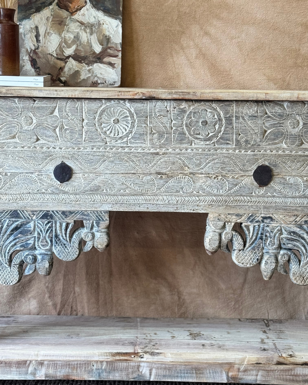 Vintage Hand-Carved Teak Console Table – Sunbleached Finish