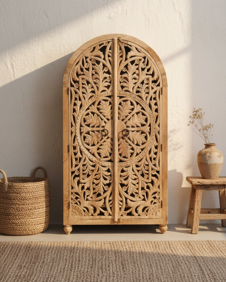 Arched Hand-Carved Mango Wood Armoire – Light Natural Finish with Floral Detailing