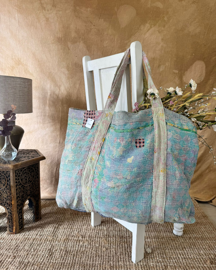 Handmade Upcycled Sari Tote Bag – Pastel Floral Patchwork | Multi-Purpose Everyday & Beach Bag