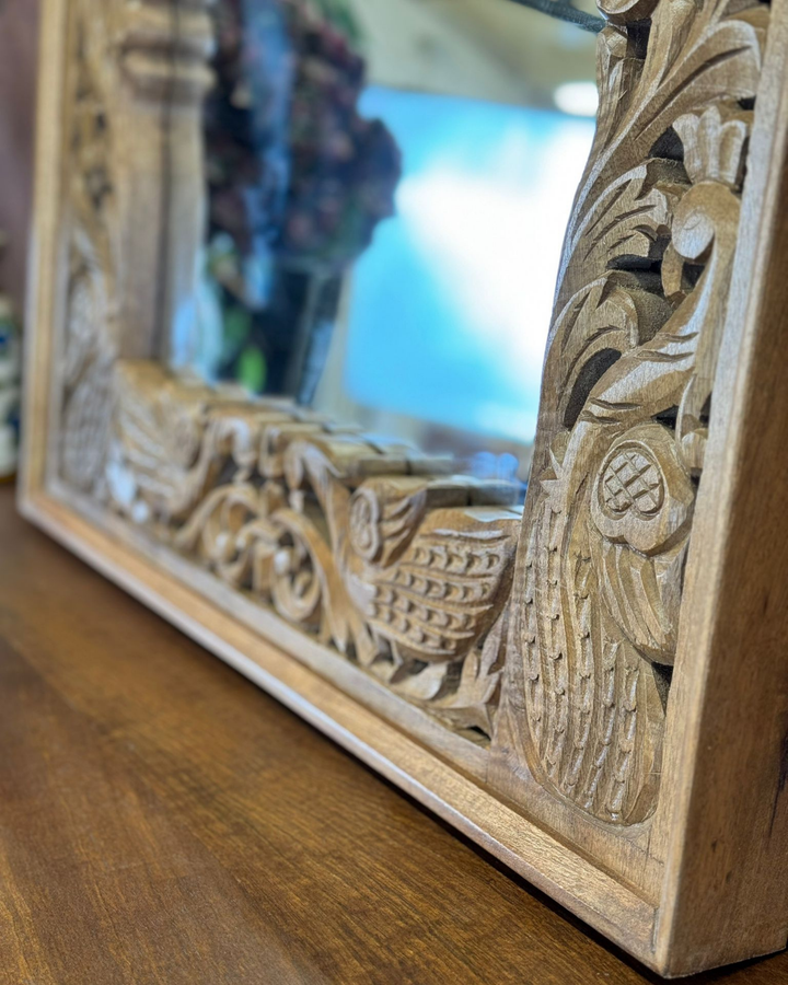 Hand-Carved Mango Wood Mirror with Peacock and Floral Motifs