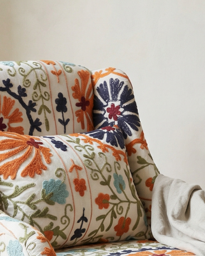 Hand-Embroidered Kantha Club Armchair – Floral Upholstery with Mango Wood Legs