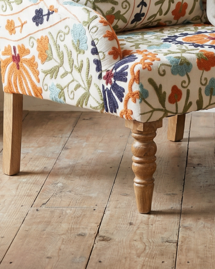 Hand-Embroidered Kantha Club Armchair – Floral Upholstery with Mango Wood Legs