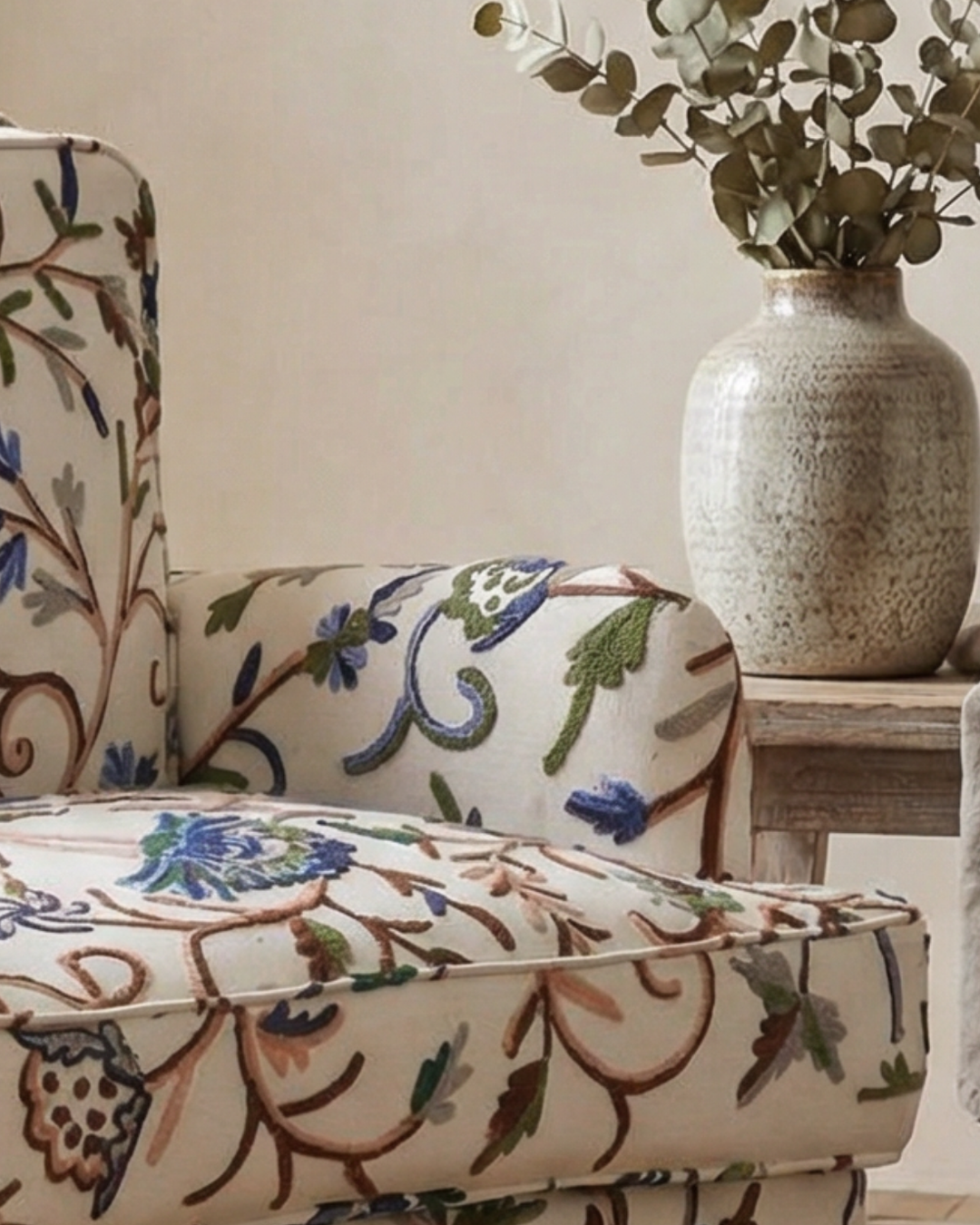 Hand-Embroidered Floral Armchair – Upholstered Accent Chair with Mango Wood Legs