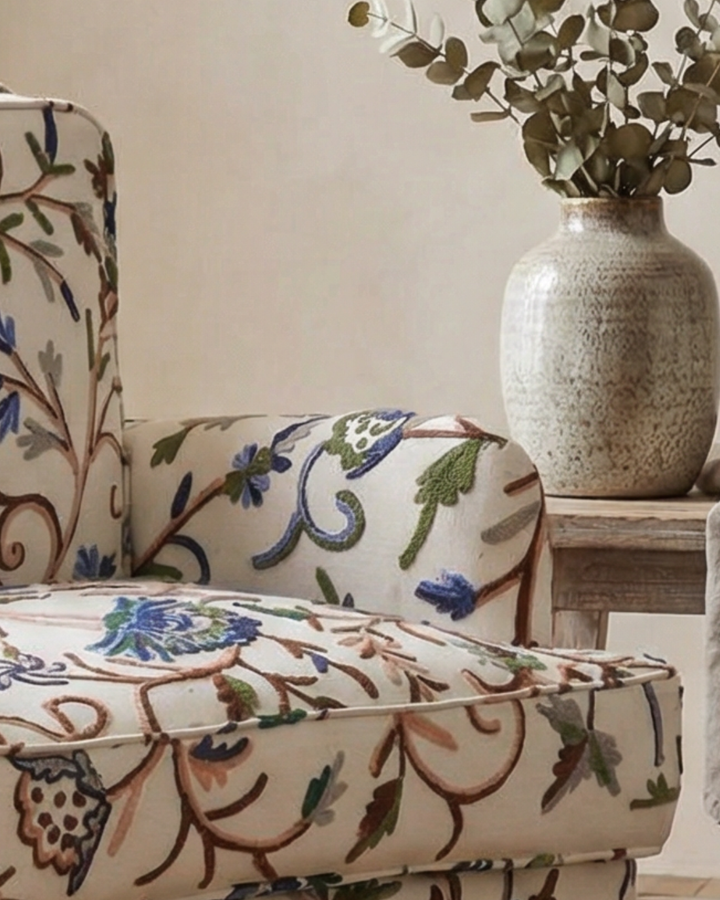 Hand-Embroidered Floral Armchair – Upholstered Accent Chair with Mango Wood Legs