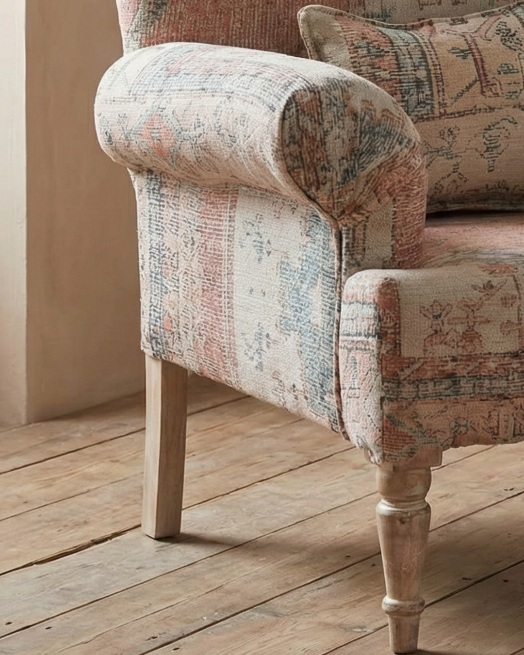 Hand-Woven Upholstered Club Armchair – Scroll Arms with Mango Wood Legs