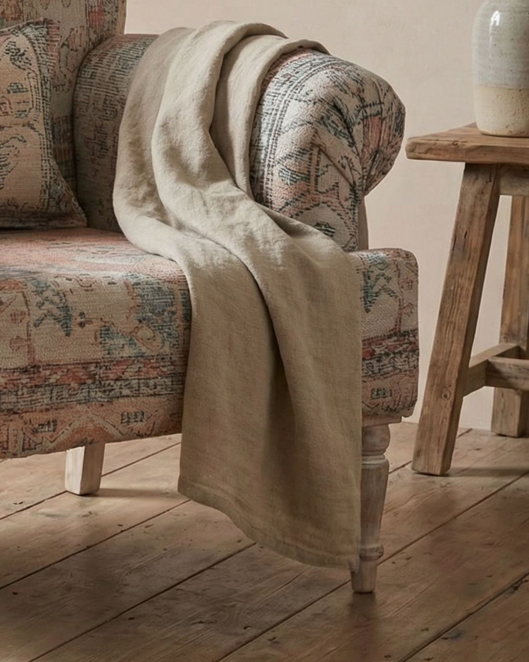 Hand-Woven Upholstered Club Armchair – Scroll Arms with Mango Wood Legs
