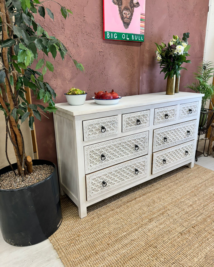 Whitewashed Mango Wood Chest of 8 Hand-Carved Drawers