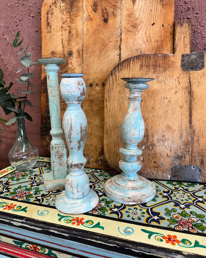 Set of 3 Vintage Mango Wood Candlestick Holders – Rustic Blue Finish