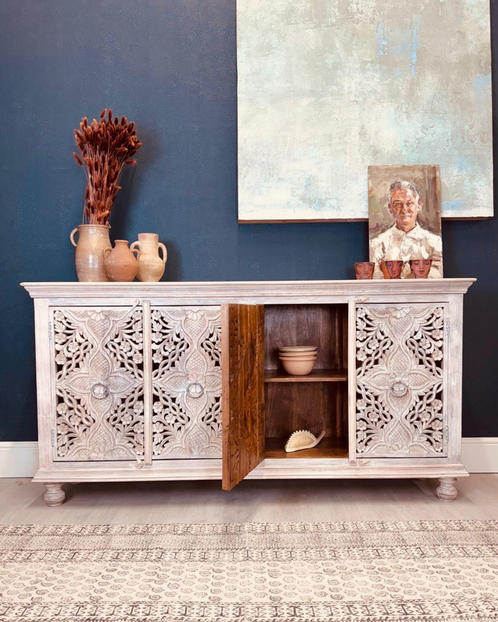 Hand-Carved Mango Wood 4-Door Sideboard - Cream Washed