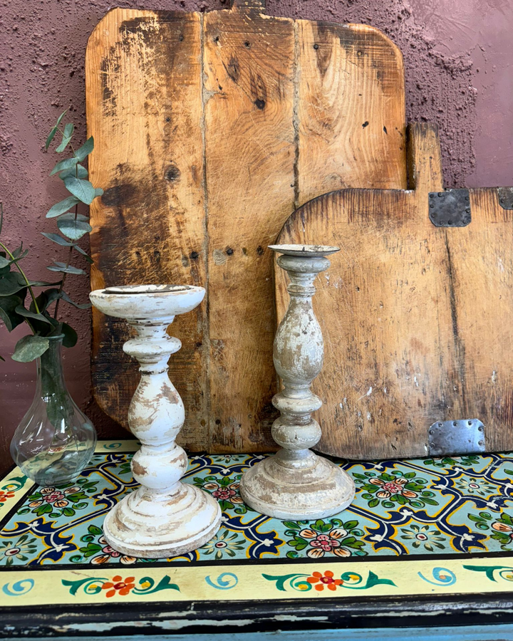 Set of 2 Rustic Whitewashed Mango Wood Candlestick Holders