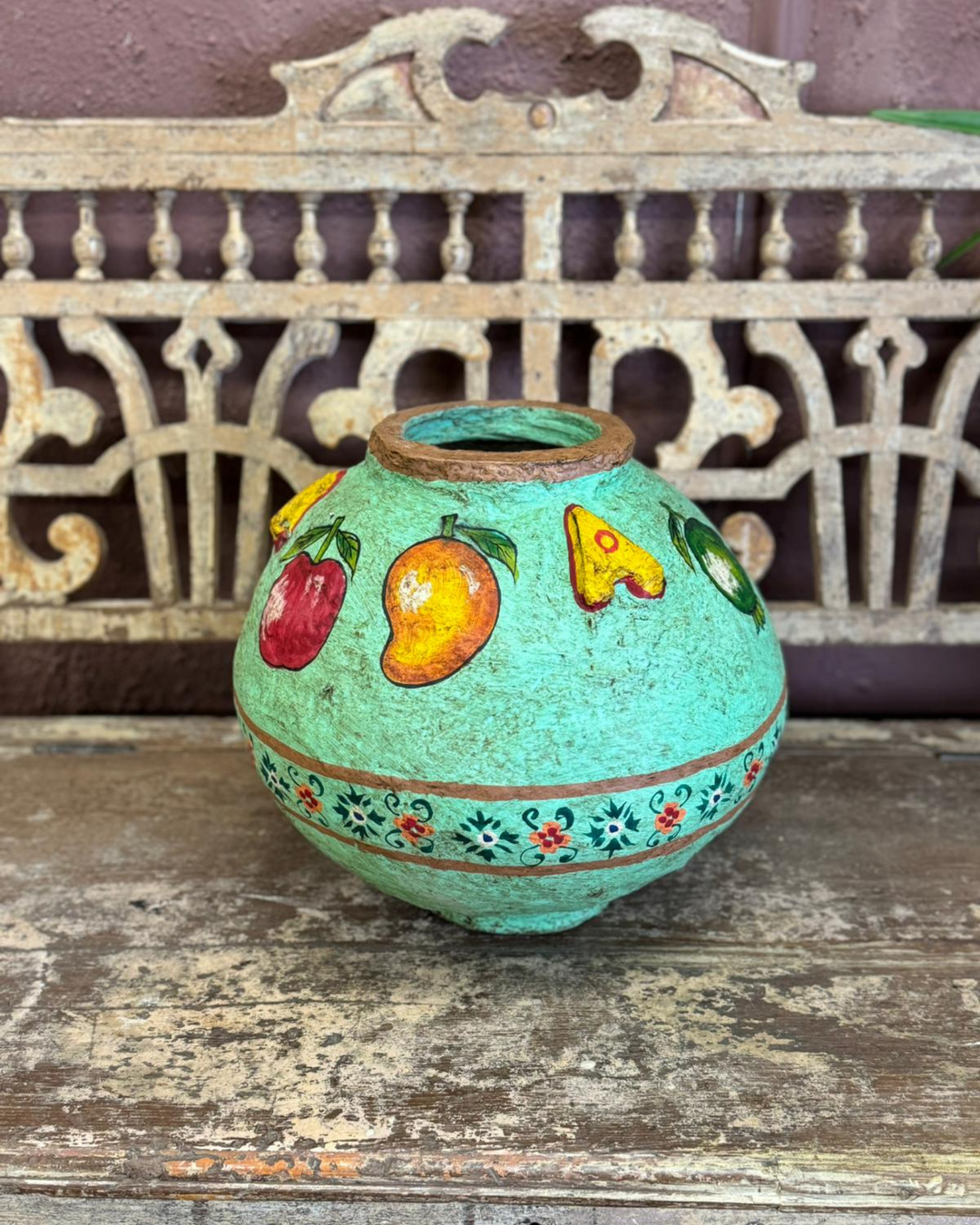 Handcrafted Indian Paper Mâché Pot with Traditional Fruit Motifs - Turquoise