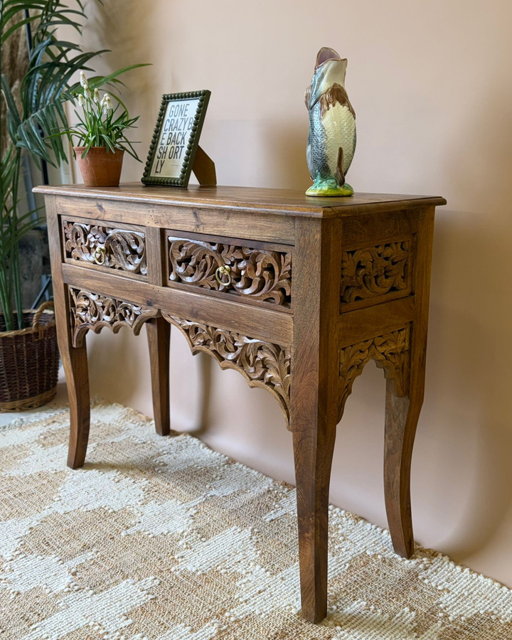 Hand-Carved Mango Wood Console Table with Floral Openwork