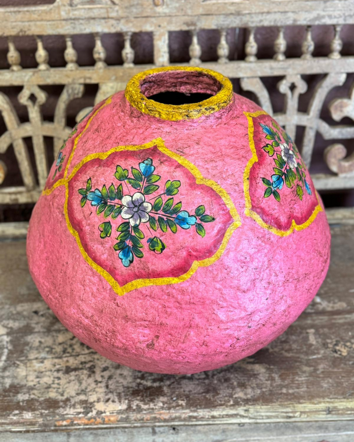 Handcrafted Indian Paper Mâché Pot - Vibrant Pink Floral Design