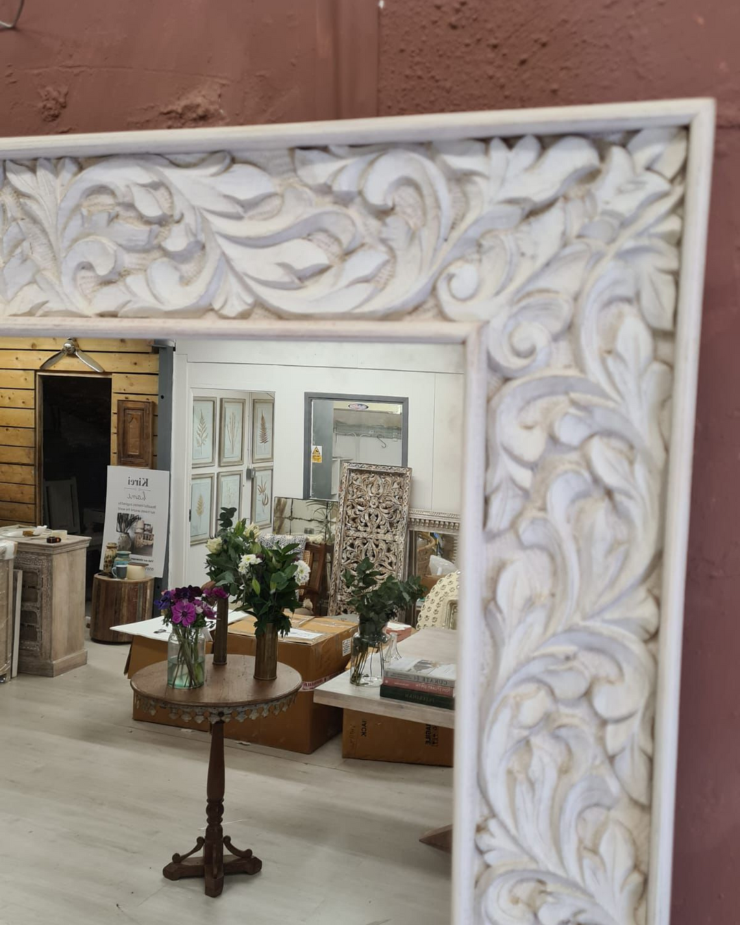 Versatile Hand-Carved Mango Wood Wall Mirror – Whitewashed Finish