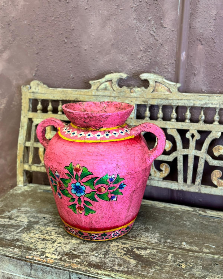 Handcrafted Pink Paper Mâché Pot with Handles – Traditional Floral Design