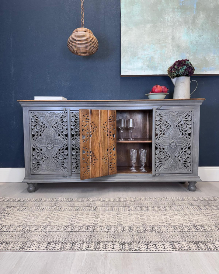 Hand-Carved Mango Wood 4-Door Sideboard - Grey