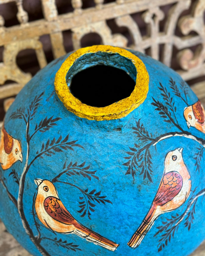 Hand-Painted Blue Bird Design Paper Mâché Pot