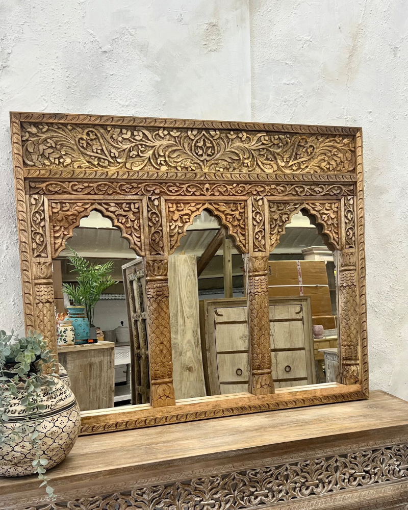 Polished Mango Wood 3 Arch Indian Mirror