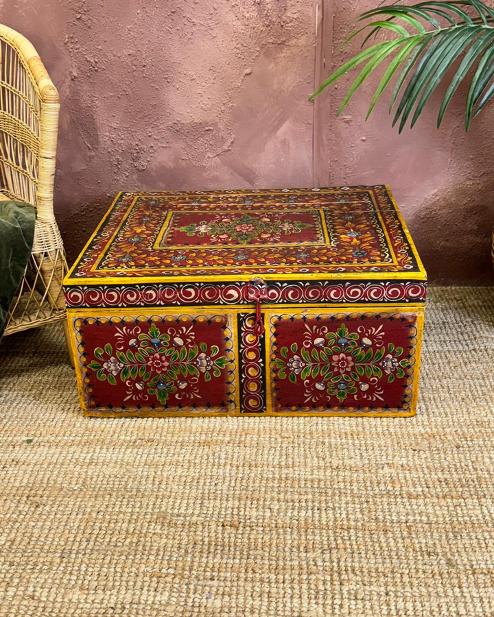 Hand-Painted Floral Storage Box in Recycled Wood