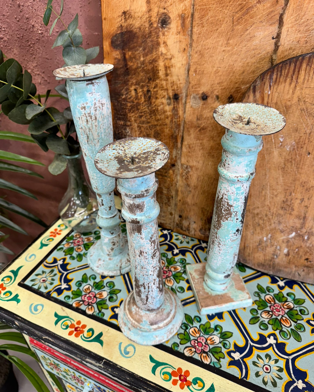 Set of 3 Vintage Mango Wood Candlestick Holders – Rustic Blue Patina