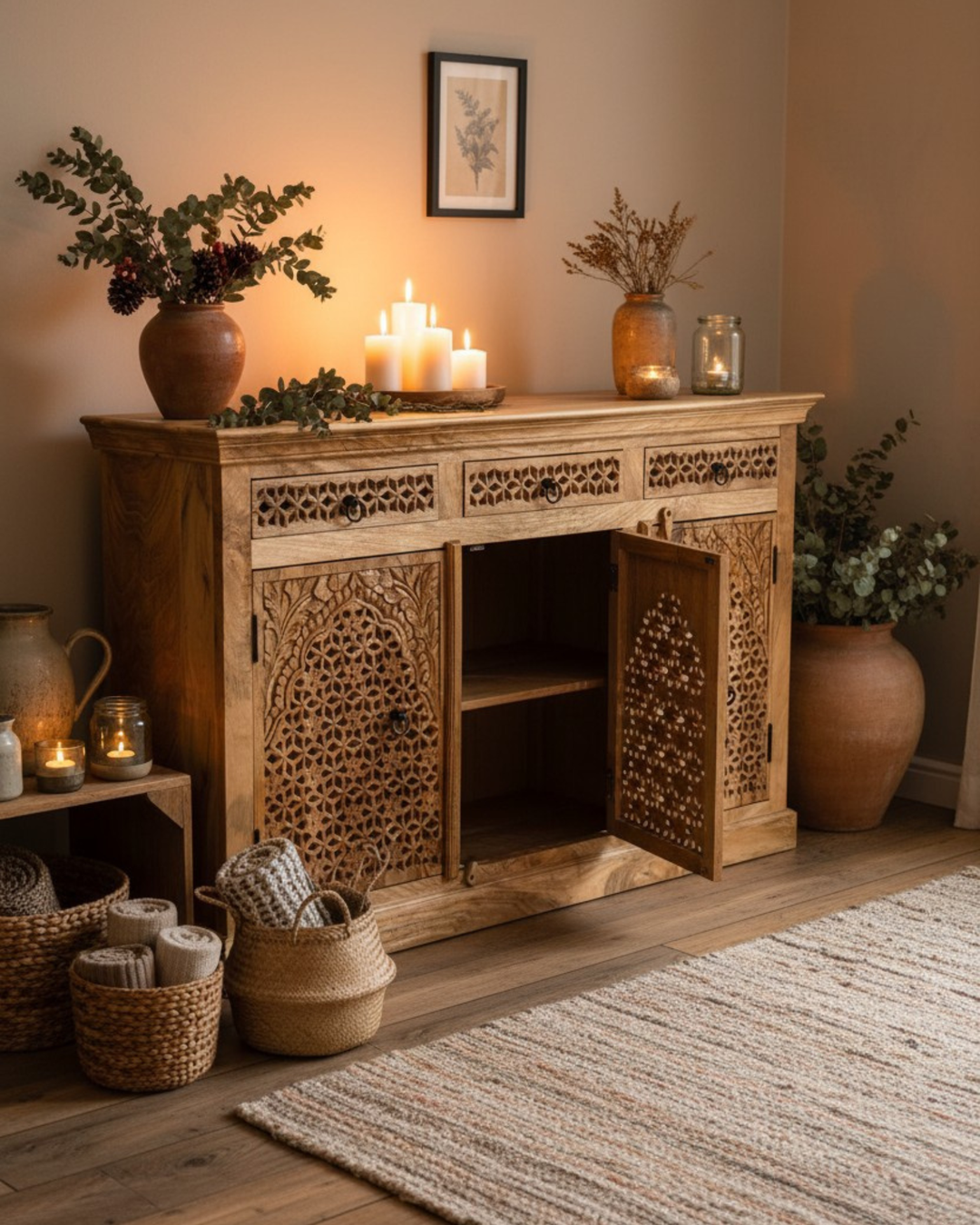 Three Door & Three Drawer Mango Wood Sideboard — Natural Polished Finish