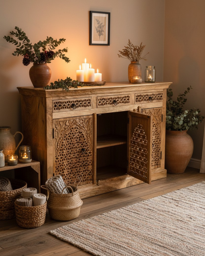 Three Door & Three Drawer Mango Wood Sideboard — Natural Polished Finish