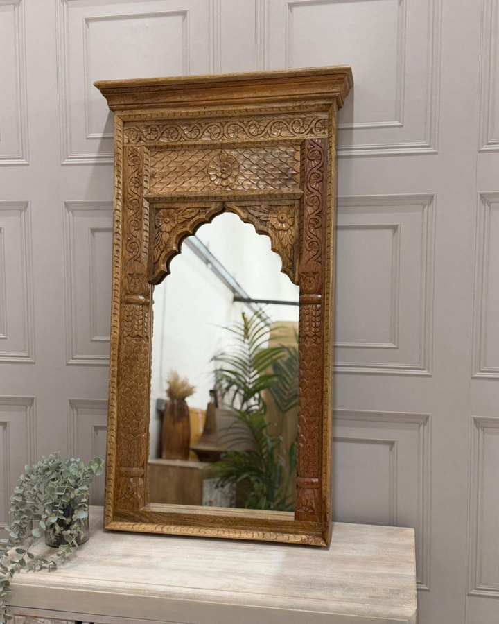 Hand-Carved Mango Wood Arch Mirror – Natural Polished Finish