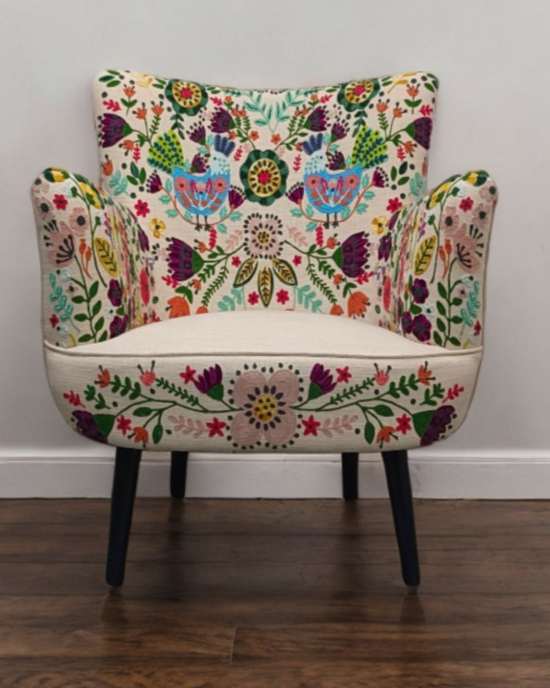 Hand-Embroidered Cotton Wingback Armchair & Footstool Set