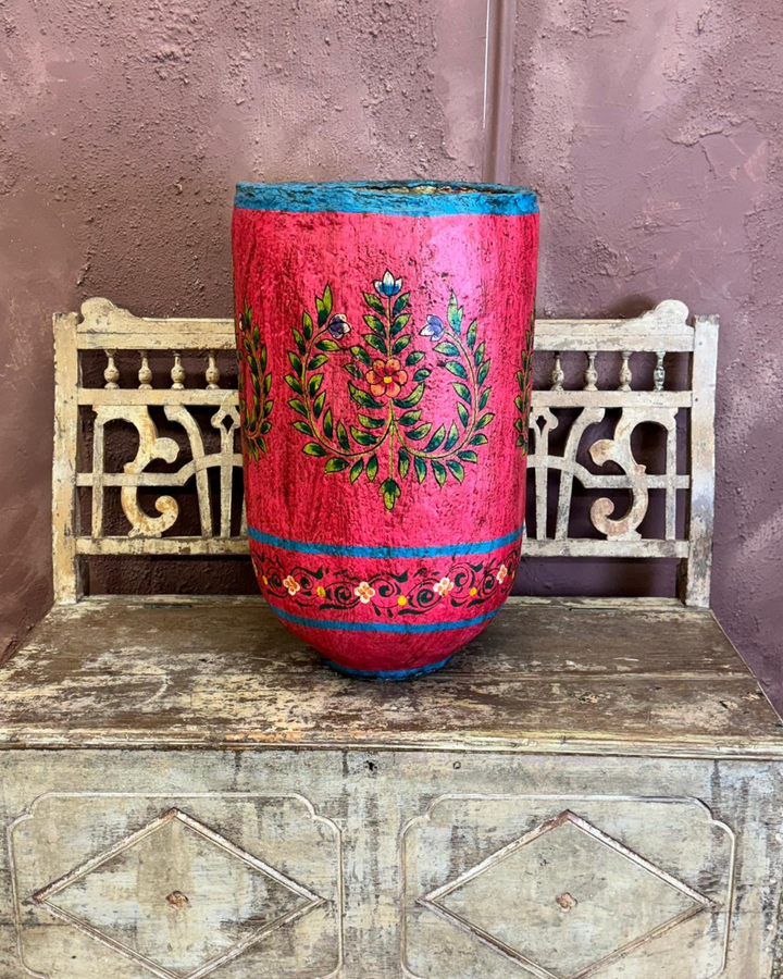 Hand-Painted Indian Paper Mâché Planter – Pink & Turquoise Floral Design