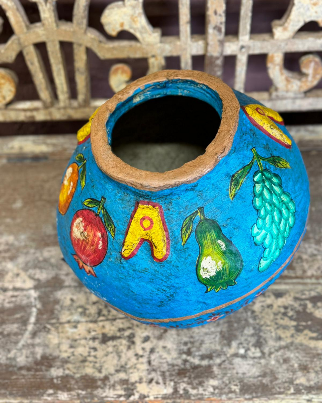 Hand-Painted Blue Paper Mâché Decorative Pot - Indian Artistry with Vibrant Fruit Motifs